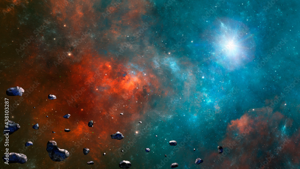 Space background. Colorful fractal nebula with asteroids. Elements furnished by NASA. 3D rendering