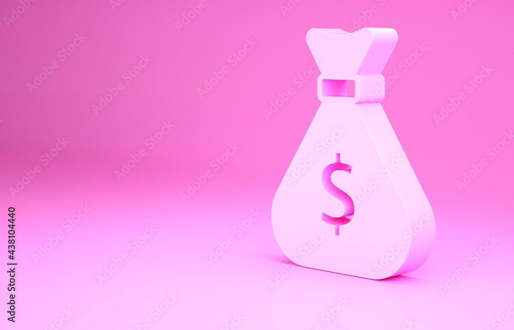 Pink Money bag icon isolated on pink background. Dollar or USD symbol. Cash Banking currency sign. Minimalism concept. 3d illustration 3D render