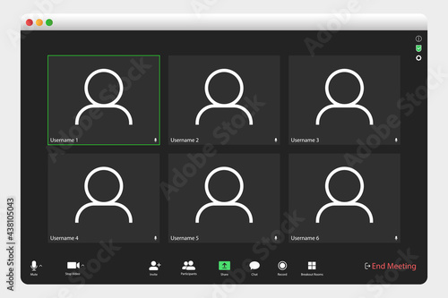 Video conferencing user interface. Video call screen interface template. Application for social communication. Video conferencing window overlay. six users.