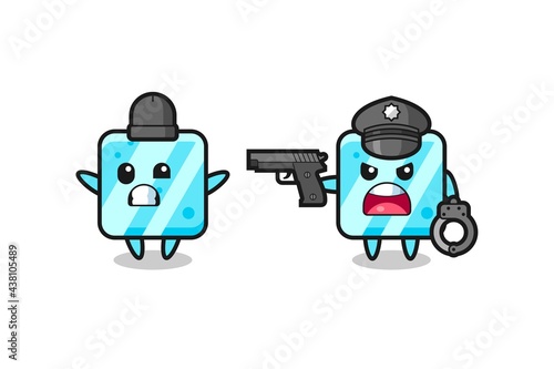 illustration of ice cube robber with hands up pose caught by police