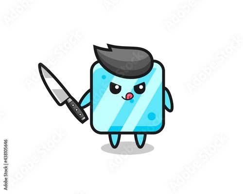 cute ice cube mascot as a psychopath holding a knife