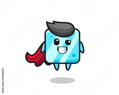 the cute ice cube character as a flying superhero