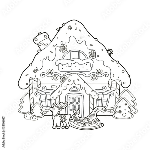 Coloring book: Christmas gingerbread house with sugar roof and gingerbread Christmas trees, next to ginger deer and santa's sleigh. Vector illustration, cartoon, black and white lines