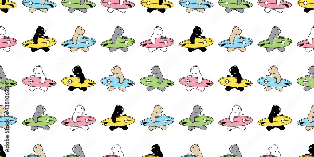 Obraz premium Bear seamless pattern polar surfboard vector beach swimming sport teddy cartoon doodle scarf isolated tile background repeat wallpaper illustration design