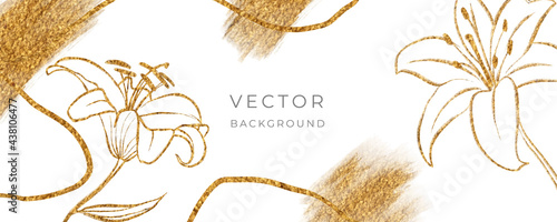 Luxury minimal style wallpaper with golden line art flower and botanical leaves, lily flower and Watercolor. Abstract art background vector.  Vector background for banner, poster, Web and wallpaper