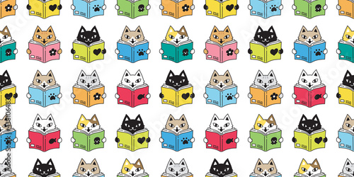 cat seamless pattern kitten vector calico reading book pet scarf isolated repeat background cartoon doodle animal tile wallpaper illustration design