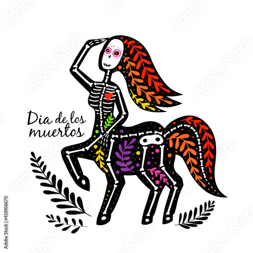 Vector colorful postcard with mythology character. Dia de los Muertos, Day of the dead or Halloween concept.  Female centaur skeleton, with leaves, isolated on white background