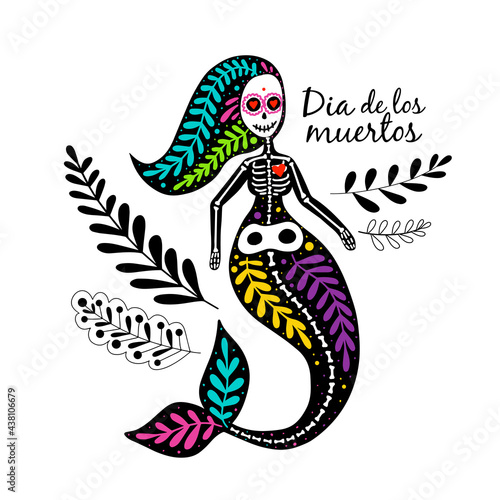 Vector colorful postcard with mythology character. Dia de los Muertos, Day of the dead or Halloween concept.  Female mermaid skeleton, with leaves, isolated on white background