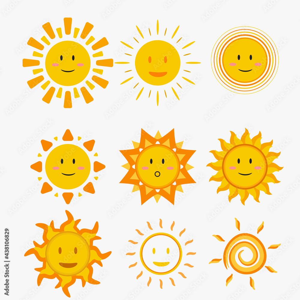 Sun emoji icon set isolated on white background sunny emoticons collection