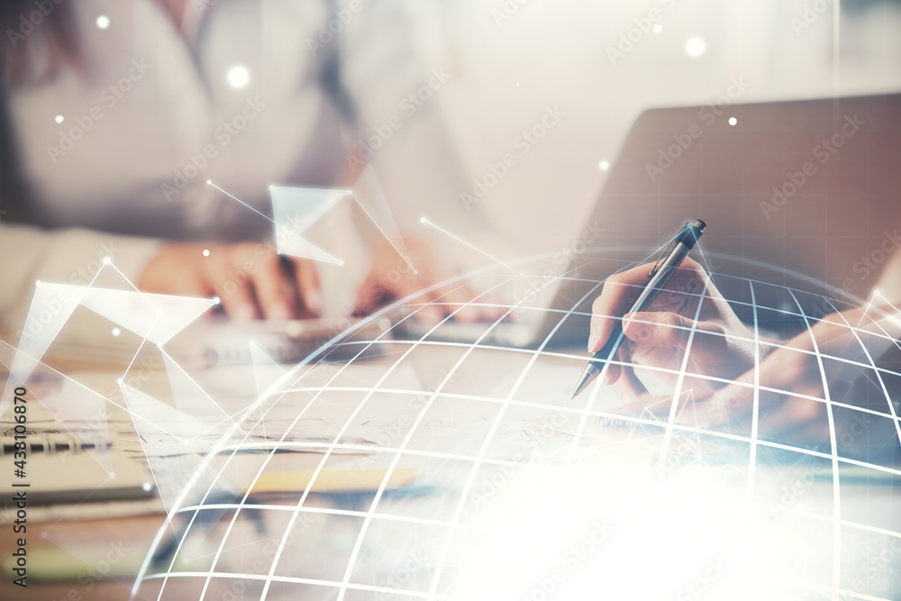 Double exposure of woman hands working on computer and world map hologram drawing. International technology business concept. Double exposure of woman hands working on computer and world map hologram drawing. International technology business concept.