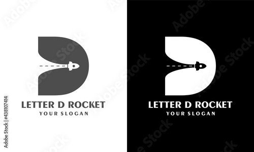 Ilustration vector graphic of Letter D template logo with rocket launch symbol. Negative space design trends.