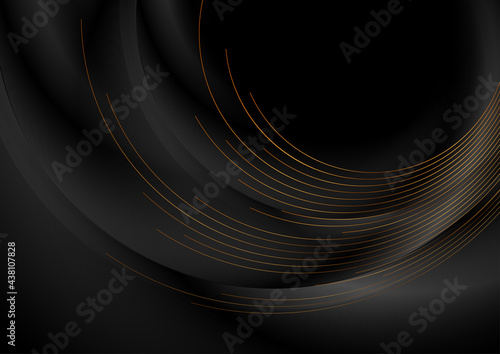 Black smooth abstract tech luxury background with golden lines. Vector design