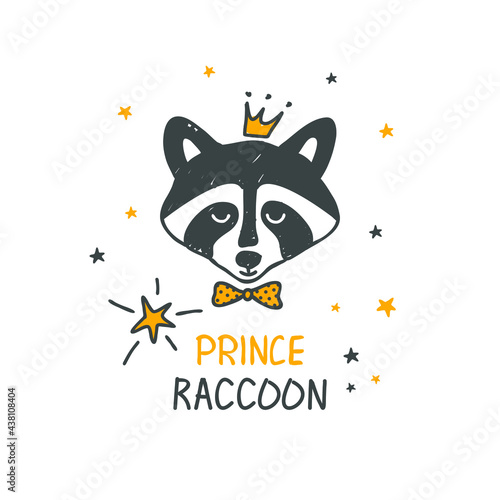 Raccoon Prince. Surface design. Can be used for kid's clothing. Use for print design, surface design, fashion kids wear.