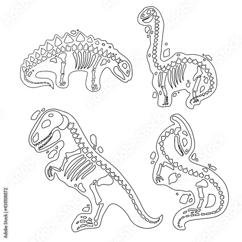 Set Dinosaur skeleton in cartoon style. The bones of a prehistoric animal. Archeology. Black and white Vector illustration isolated on white background.