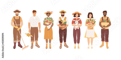 Farmers and gardeners set. People of different nationalities and skin colors, Happy black man, Caucasian women, young male and female standing with crops, flowers, fruits, vegetables in crates.