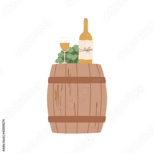 Wooden barrel with glass of wine, bottle in craft package, green grape branch Vector illustration in vintage style.