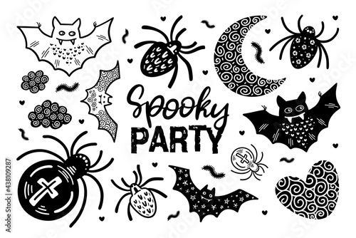 Set 5 with black and white hand drawn spooky party Halloween illustrations. Vector doodle elements and lettering