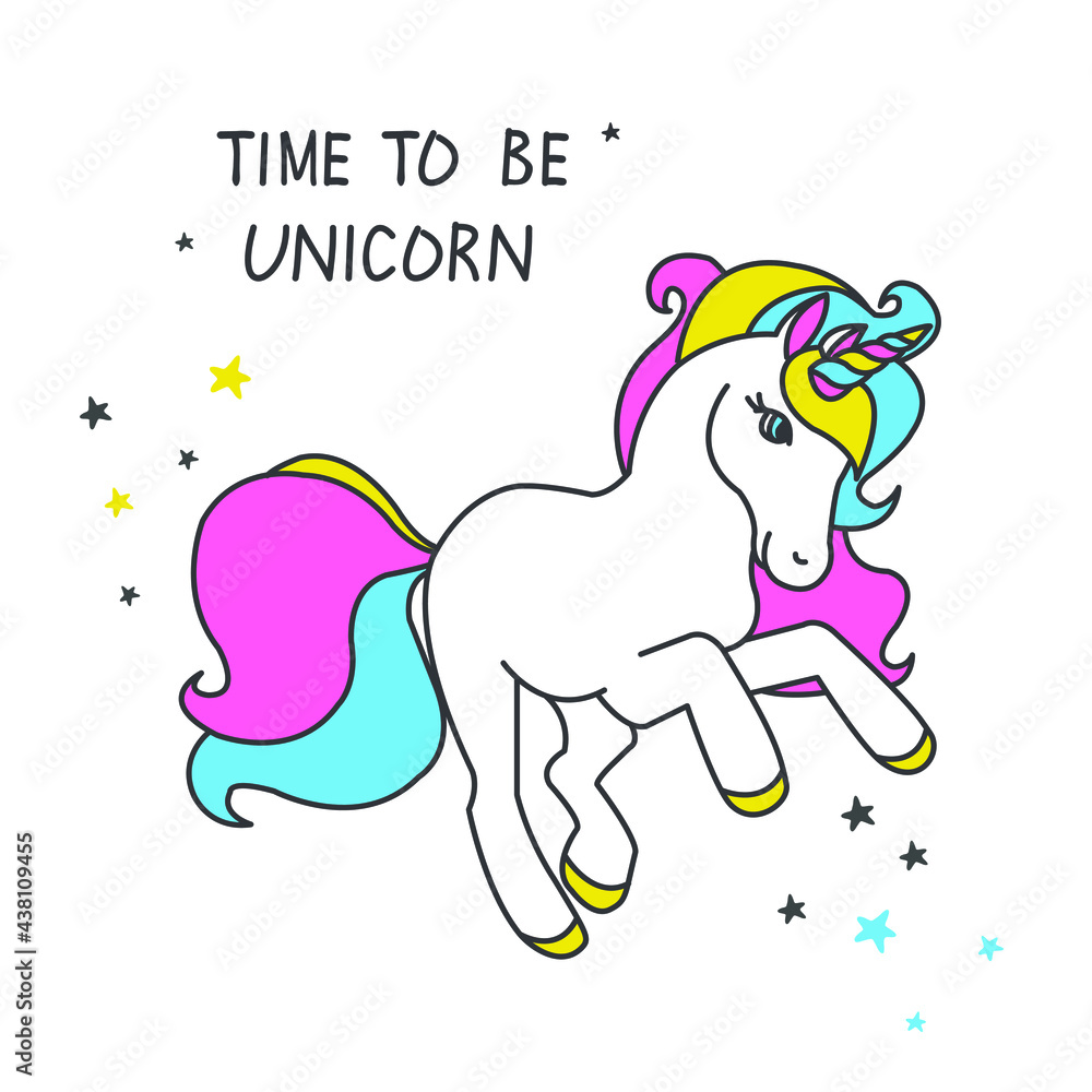 Vector cartoon cute unicorn with stars, greeting card. Time to be unicorn. Vector cartoon cute unicorn with stars, greeting card. Time to be unicorn.