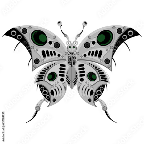 Robot butterfly in metal steampunk style. Cyborg insect on a white background.