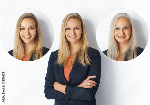  Image of attractive elegant blonde woman standing at different ages photo