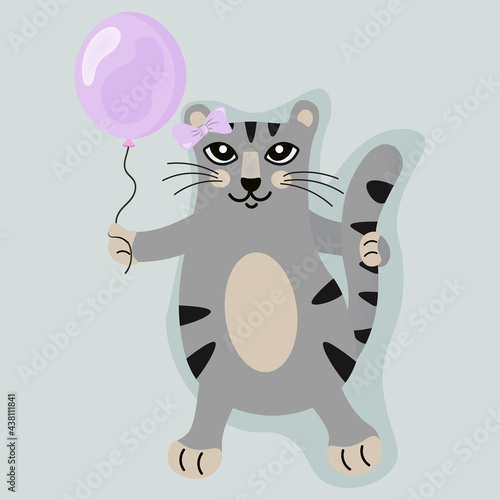 Cute gray cat with a pink ball and bow. Portrait of a flirtatious kitty. Cartoon character. Vector illustration, poster, banner for calendar, fashion design, invitations to children's parties, web.