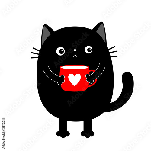 Cat kitten holding coffee cup heart. Sad grumpy bad emotion face. Cute cartoon kitty character. Kawaii funny animal. Good morning. Love Greeting card. Flat design. White background Isolated.