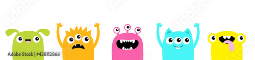 Happy Halloween. Monster set icon line. Cute kawaii cartoon baby character. Funny face head colorful silhouette. Hands up. Eyes teeth fang horn tongue. Flat design. White background.