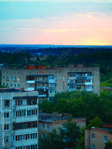 Dramatic sunrise at Korolev city architecture photo