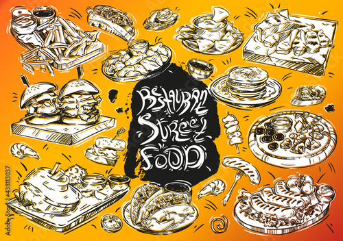 Hand drawn vector illustration on color background. Restaurant street food: burger, nuggets, sausages, nachos, pancakes, cheeses, meat, bruschetta, sandwich, french fries, sauce, tacos