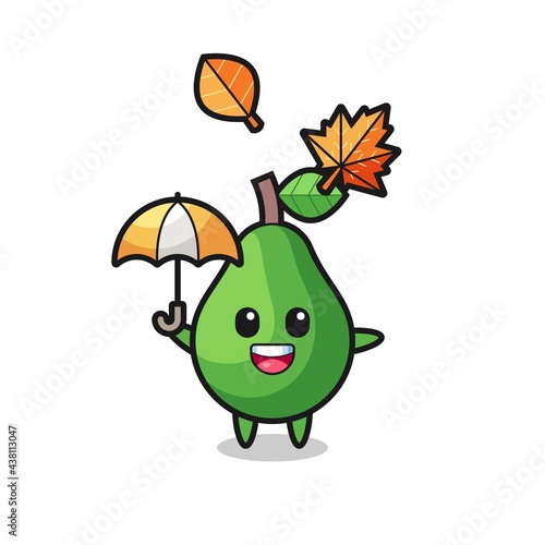 cartoon of the cute avocado holding an umbrella in autumn