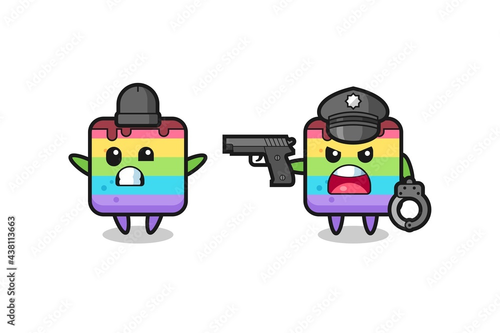 illustration of rainbow cake robber with hands up pose caught by police
