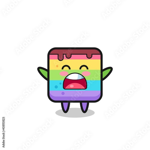 cute rainbow cake mascot with a yawn expression