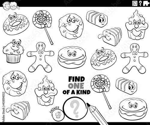 one of a kind game with cartoon sweets coloring book page
