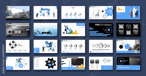 Business presentation, powerpoint, new technologies. Information infographic design template, blue, black elements, white background, set. Team of people creates a business, teamwork. Work. Mobile app