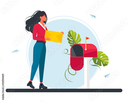 woman carries a letter in the mailbox. Email concept illustration, Subscribe to newsletters, Email marketing businesses. Girl carries a letter to the post office. Idea of posta communication.