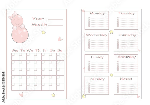 A set of monthly and weekly planner. Business organizer page. Schedule for children with cartoon characters.