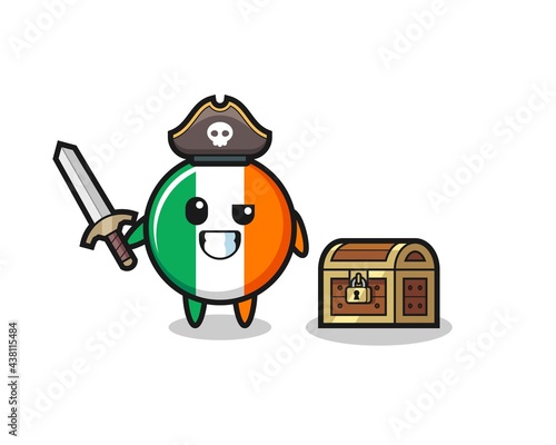 the ireland flag badge pirate character holding sword beside a treasure box © heriyusuf