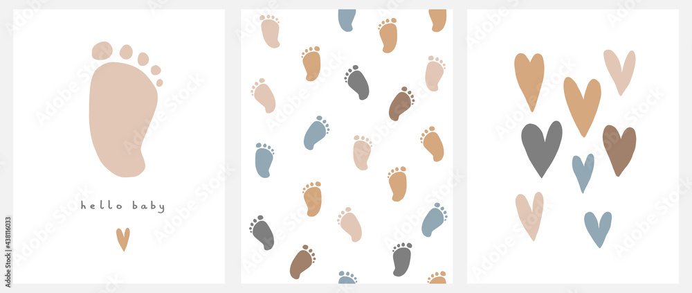Cute Nursery Vector Art. Light Brown Little Baby Foot Isolated on a White Background. Hello Baby. Baby Shower Vector Illustration and Lovely Seamless Pattern with Little Baby Feet. Print with Hearts. - obrazy, fototapety, plakaty 