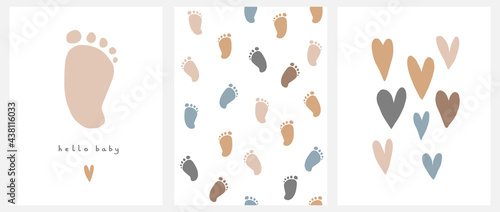 Cute Nursery Vector Art. Light Brown Little Baby Foot Isolated on a White Background. Hello Baby. Baby Shower Vector Illustration and Lovely Seamless Pattern with Little Baby Feet. Print with Hearts.