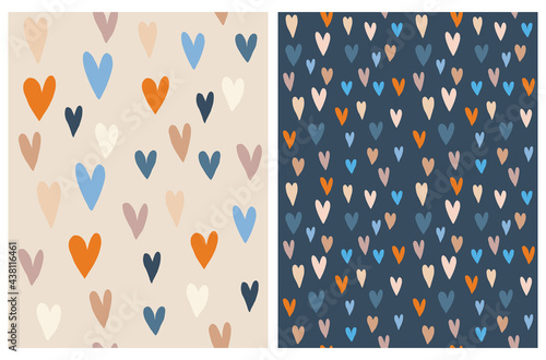 Cute Hand Drawn Irregular Hearts Vector Pattern. Beige, Blue, Orange and Brown Hearts on a Dusty Beige and Dark Blue Background. Funny Infantile Style Romantic Print ideal for Fabric, Textile.