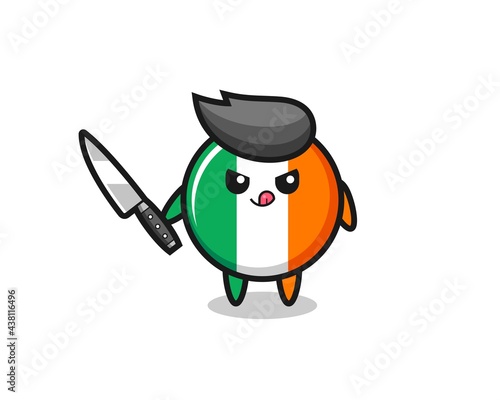 cute ireland flag badge mascot as a psychopath holding a knife