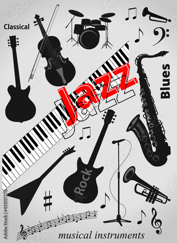 Black musical instruments electric guitar piano keyboard double bass saxophone microphone isolated