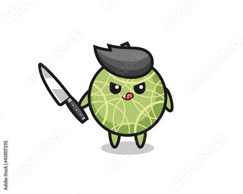 cute melon fruit mascot as a psychopath holding a knife