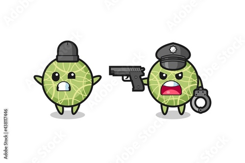 illustration of melon fruit robber with hands up pose caught by police