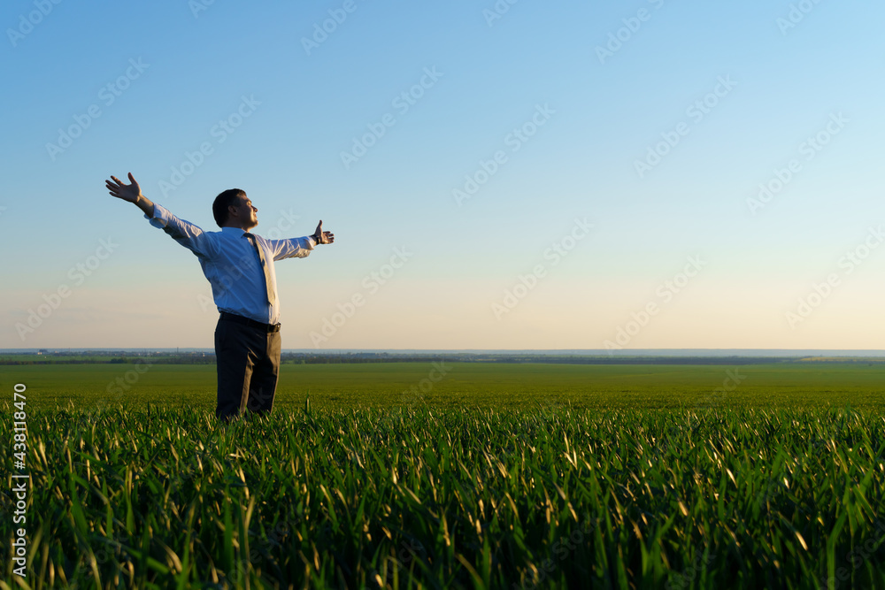 businessman poses in a green field, freelance and business concept, green grass and blue sky as background businessman poses in a green field, freelance and business concept, green grass and blue sky as background