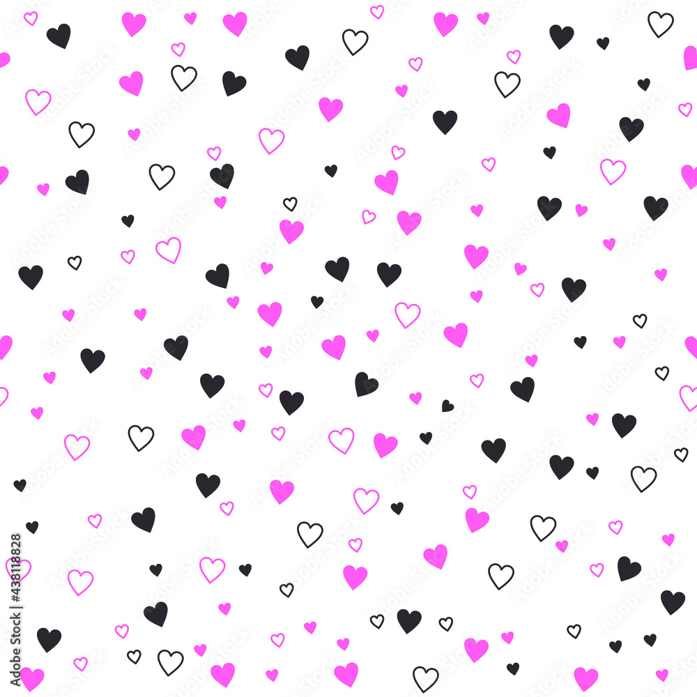 Simple seamless pattern with hearts pink and gray on a white background. Delicate children's background for clothes.