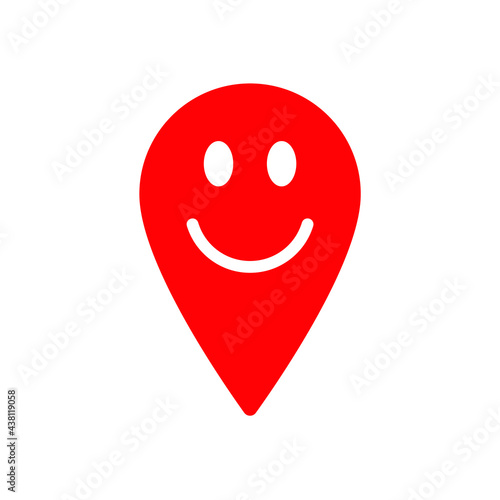 Smiling location pointer symbol icon. Happy Gps navigation pin sign. Smile face emotion character. Map position marker logo. Vector illustration image.