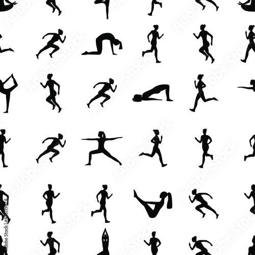 Seamless vector pattern. Silhouettes of people running and doing yoga. White isolated background. Great print for flyers  posters  covers  textiles  wrapping paper  clothing  napkins. 
