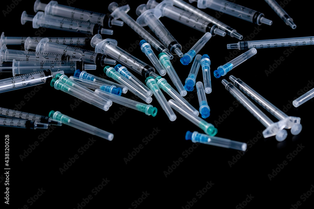 Medical Sterile Syringes Needles, Close up Syringes on Black Background ...