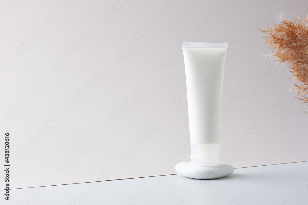 White tube of cosmetic cream on a stone podium with pampas on grey background. Close up, copy space. White tube of cosmetic cream on a stone podium with pampas on grey background. Close up, copy space.
